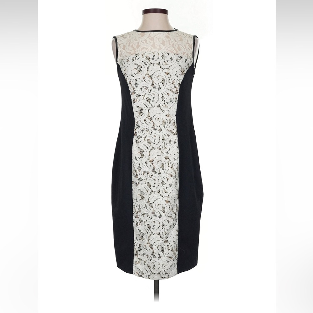 Basler Black & White Lace-Panel Midi Sheath Dress